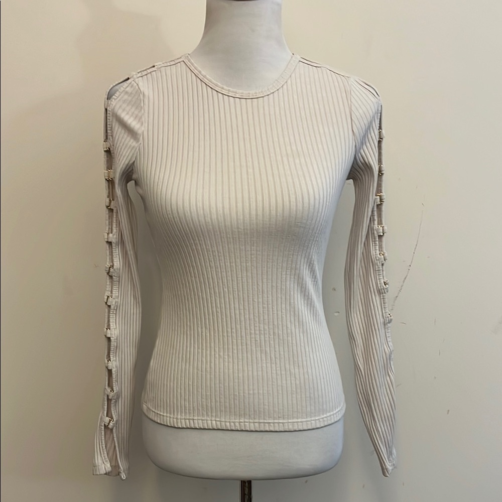 Jonathan Simkhai Off White Ribbed Long Sleeve Gold Clasp Top Size Small